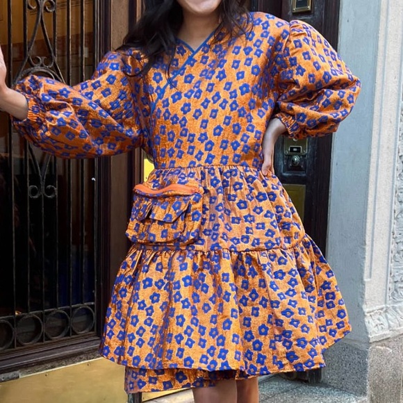 KkCo. Dresses & Skirts - KkCo Koi Pond Utility Wrap Dress Asian Floral Flare Bubble Puff Sleeve